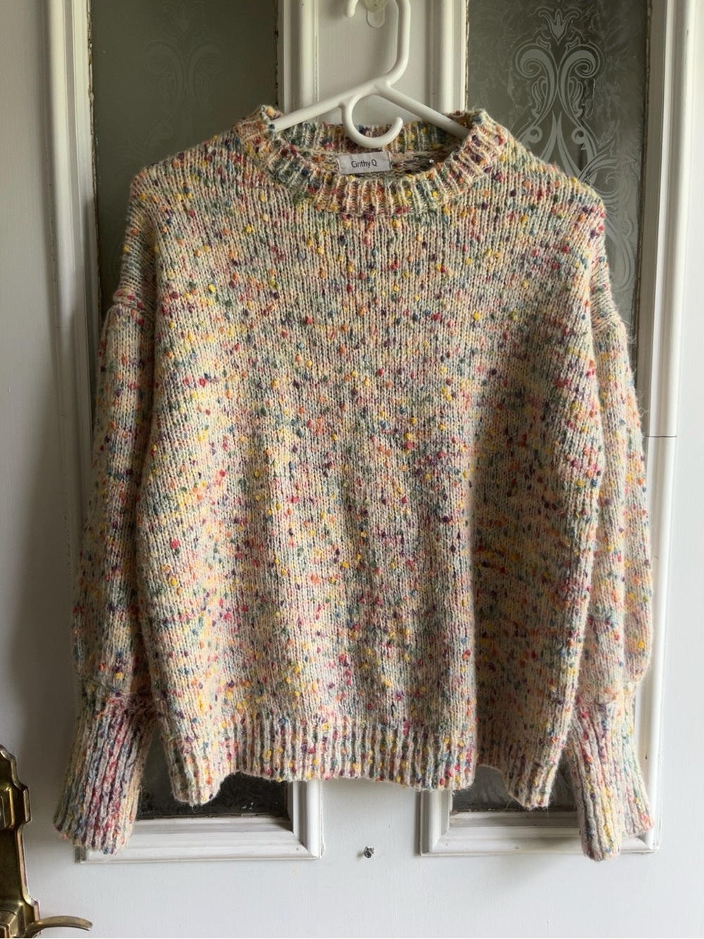 Cinthy Q Confetti Knit Sweater Women’s Large Balloon Sleeve Cozy Boutique